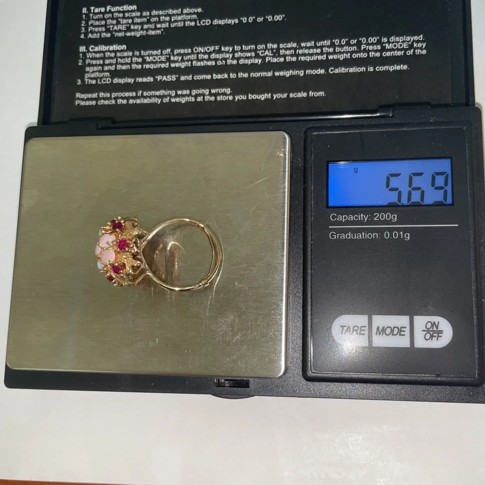 Solid Real 14K Yellow Gold Leaves Opal Ruby Bold Statement Ring Vintage Antique